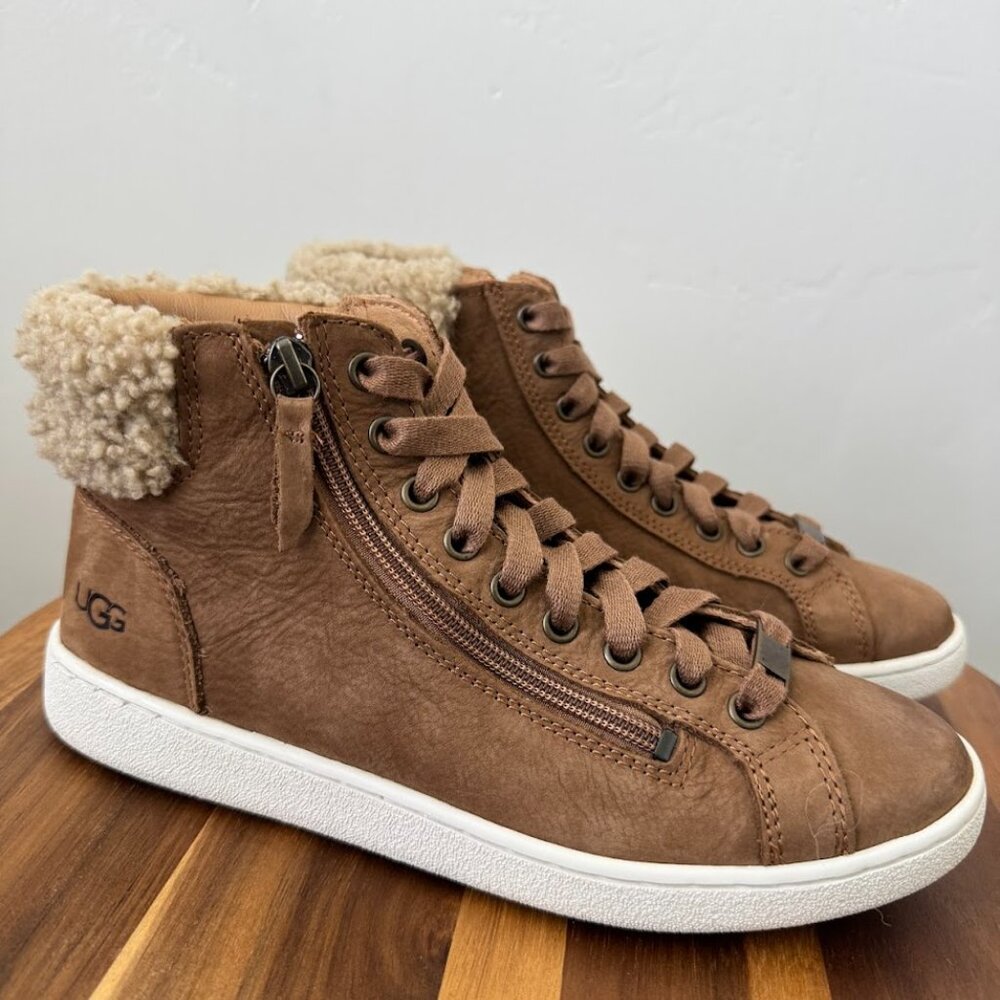 UGG Olive High Top Sneaker Leather Shearling Zip Lace Casual Women Boot 8.5 - Picture 10 of 11